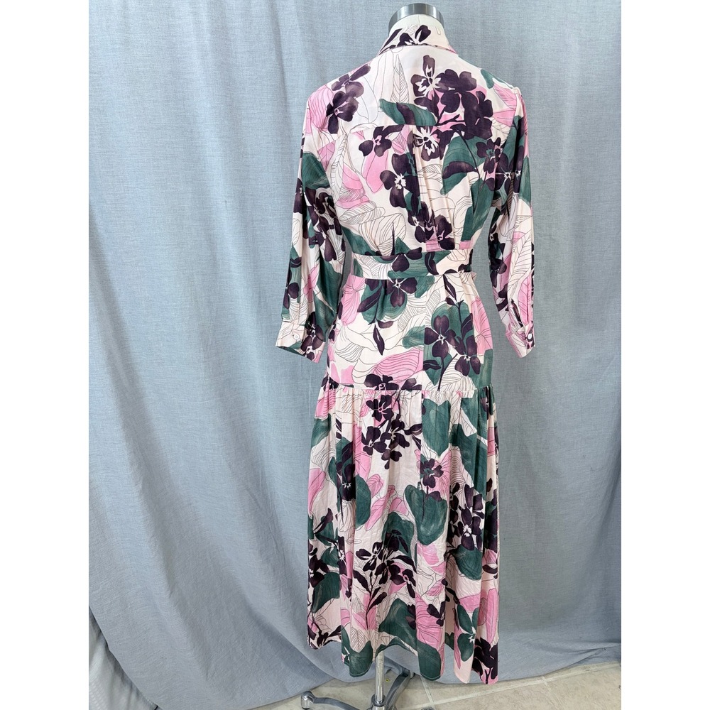 Alexis Beatrice Pink Green Floral Cotton Shirtdress Tiered High Low Midi Dress M - Picture 5 of 11